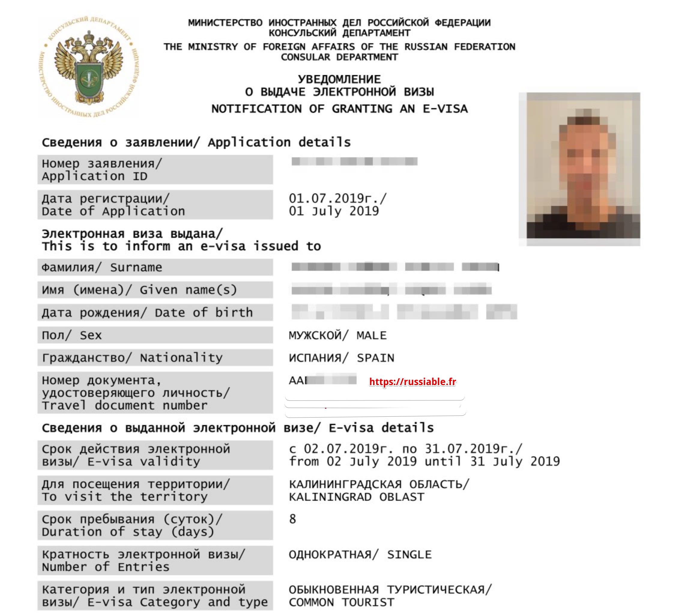 Exemple de visa electronique en Russie - Image de lhotel
