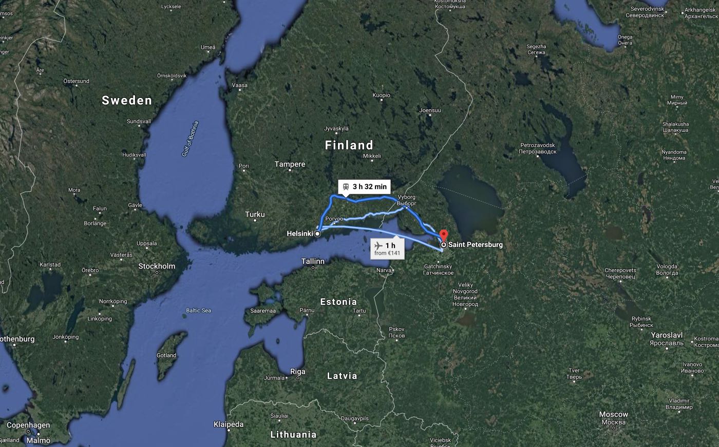 Carte de la route Helsinki en Finlande a Saint-Petersbourg - Google maps